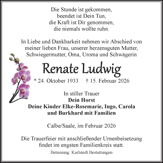 Traueranzeige von Renate Ludwig von Volksstimme Schönebeck