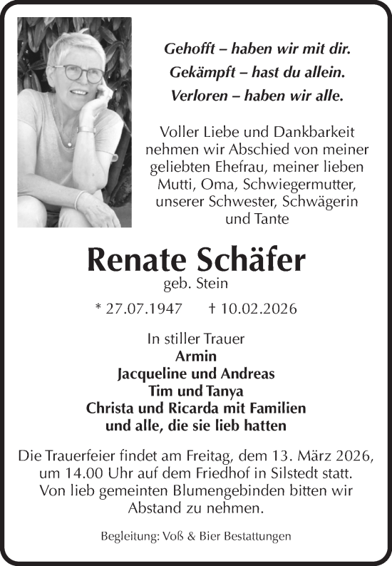 Traueranzeige von Renate Schäfer von Volksstimme Wernigerode