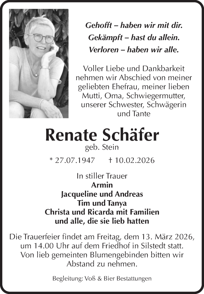  Traueranzeige für Renate Schäfer vom 14.02.2026 aus Volksstimme Wernigerode