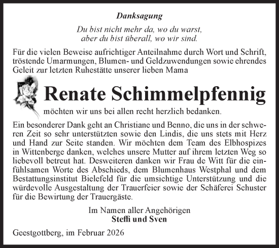 Traueranzeige von Renate Schimmelpfennig von Volksstimme Altmark Ost