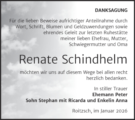 Traueranzeige von Renate Schindhelm von Trauerkombi Bitterfeld