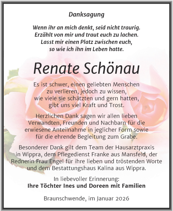 Traueranzeige von Renate Schönau von Trauerkombi Mansfelder Land