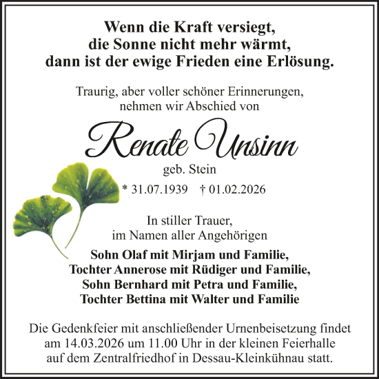 Traueranzeige von Renate Unsinn von Trauerkombi Dessau