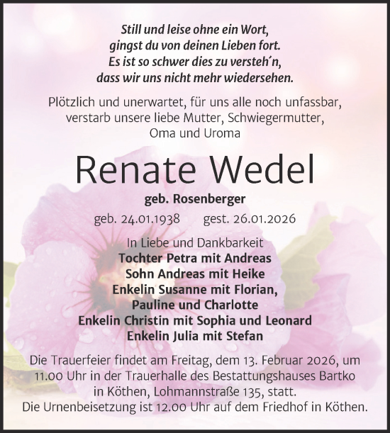 Traueranzeige von Renate Wedel von Trauerkombi Köthen