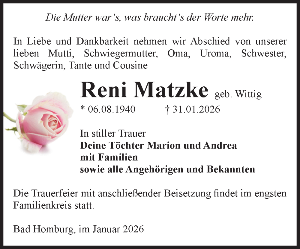  Traueranzeige für Reni Matzke vom 28.02.2026 aus Volksstimme Zerbst