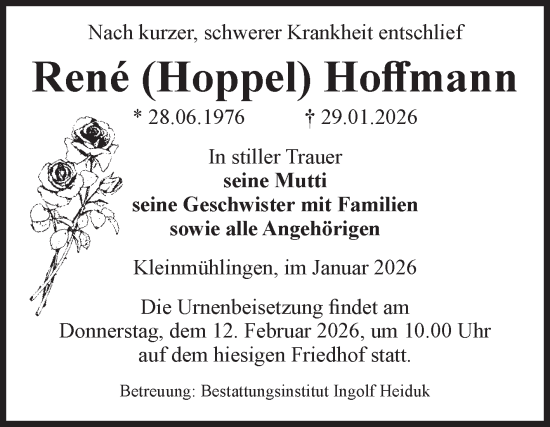 Traueranzeige von René Hoffmann von Volksstimme Schönebeck