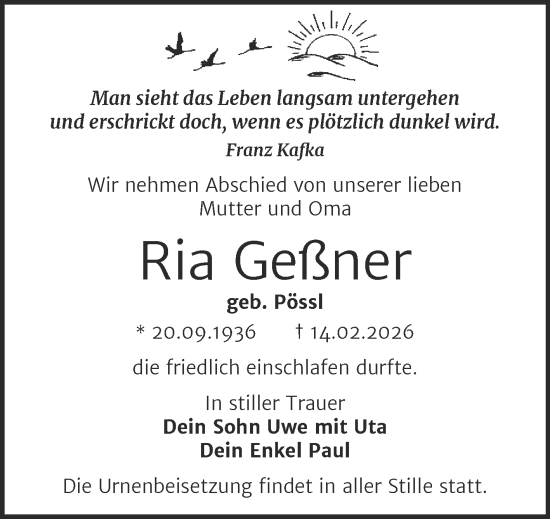 Traueranzeige von Ria Geßner von Trauerkombi Bitterfeld