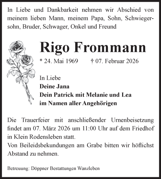 Traueranzeige von Rigo Frommann von Volksstimme Oschersleben/Wanzleben