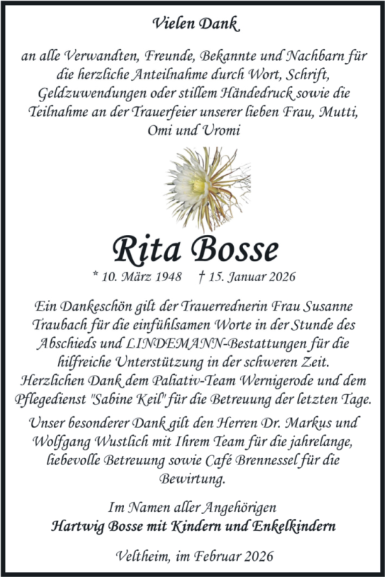 Traueranzeige von Rita Bosse von Volksstimme Halberstadt