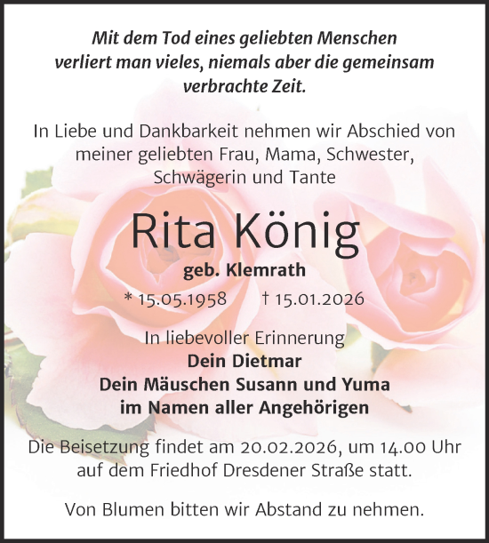 Traueranzeige von Rita König von Trauerkombi Wittenberg