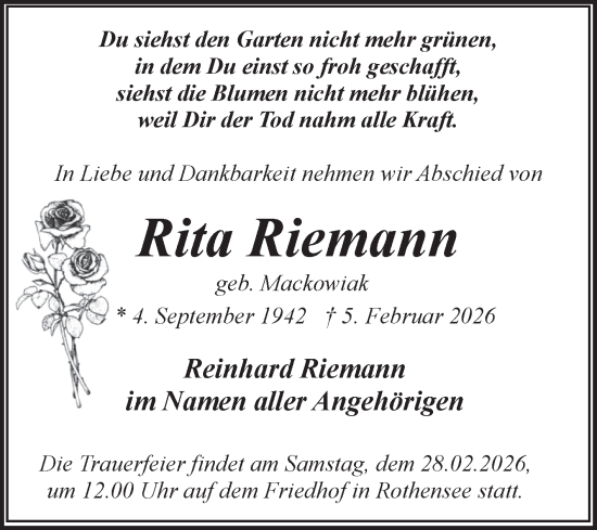 Traueranzeige von Rita Riemann von Volksstimme Magdeburg