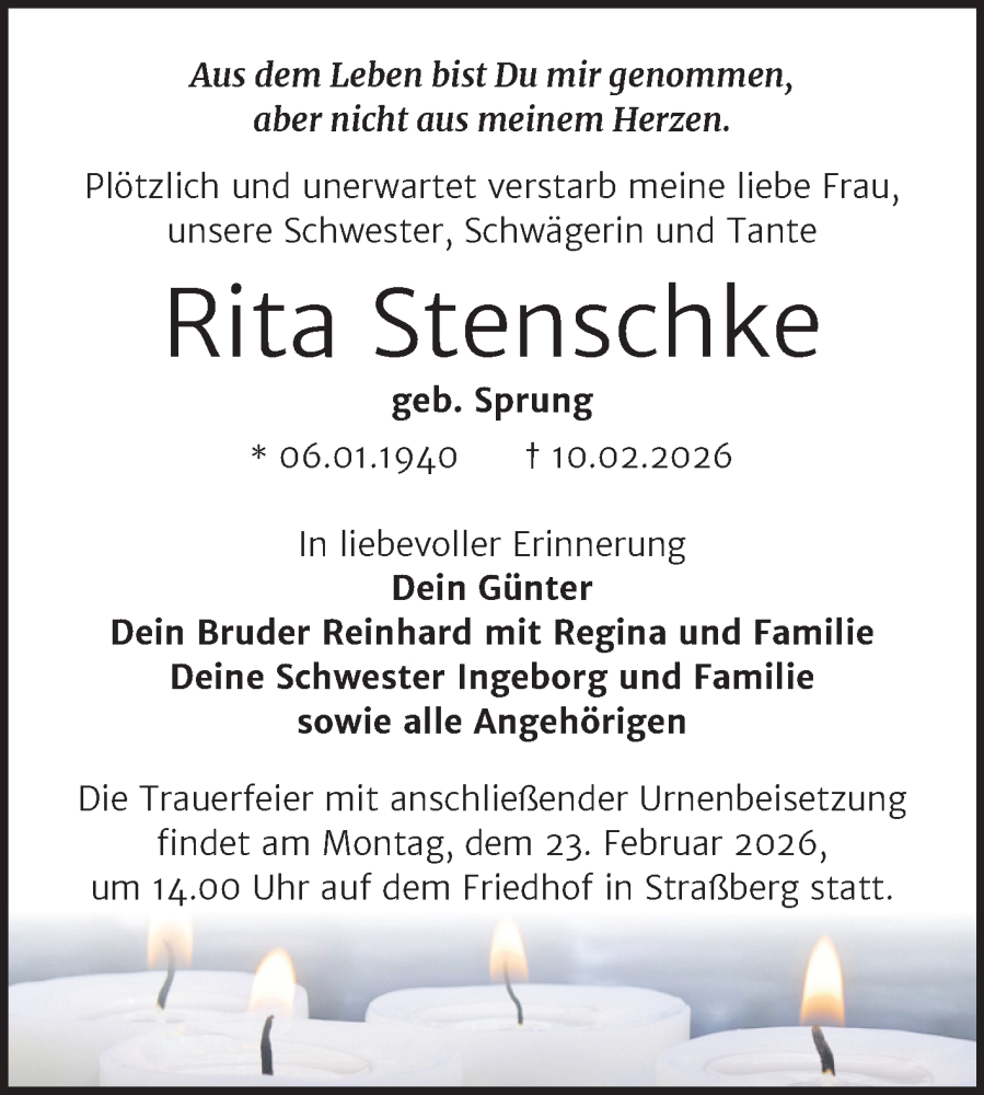  Traueranzeige für Rita Stenschke vom 14.02.2026 aus Trauerkombi Quedlinburg