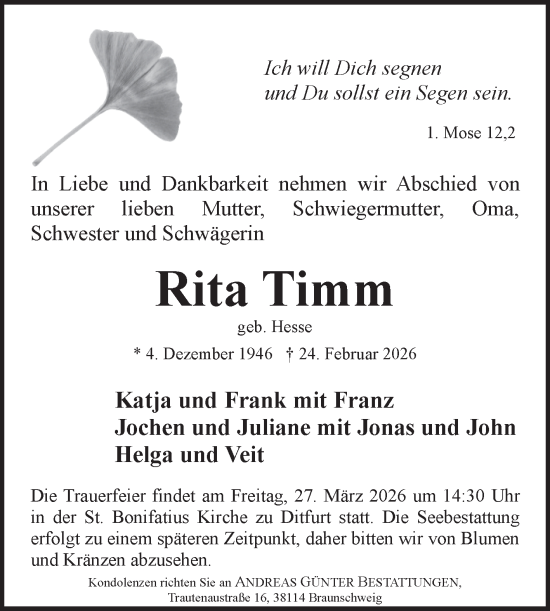 Traueranzeige von Rita Timm von Mitteldeutsche Zeitung Quedlingburg