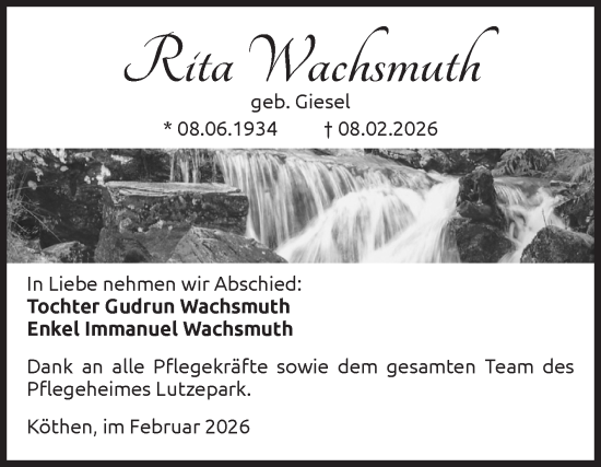 Traueranzeige von Rita Wachsmuth von Trauerkombi Köthen