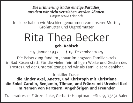 Traueranzeige von Rita Thea Becker von Naumburger Tageblatt