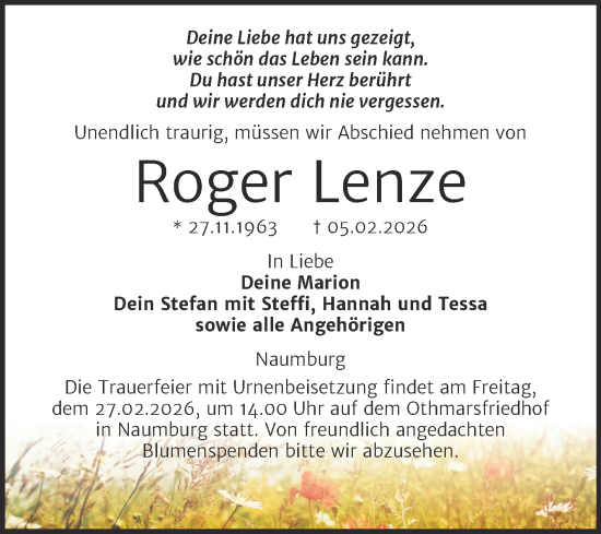 Traueranzeige von Roger Lenze von Naumburger Tageblatt
