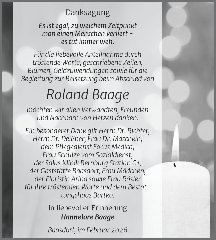  Traueranzeige für Roland Baage vom 07.02.2026 aus Trauerkombi Köthen