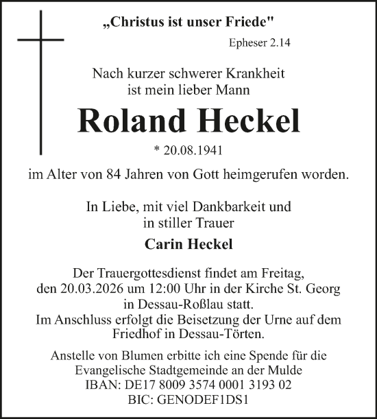 Traueranzeige von Roland Heckel von Trauerkombi Dessau