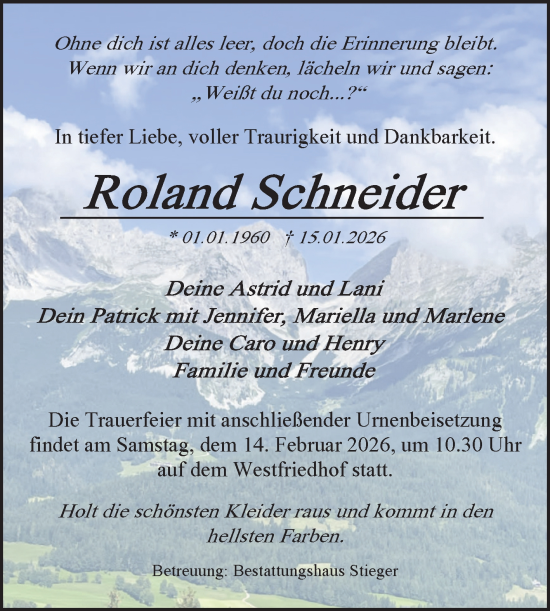 Traueranzeige von Roland Schneider von Volksstimme Oschersleben/Wanzleben