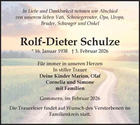 Traueranzeige von Rolf-Dieter Schulze von Volksstimme Burg/Genthin