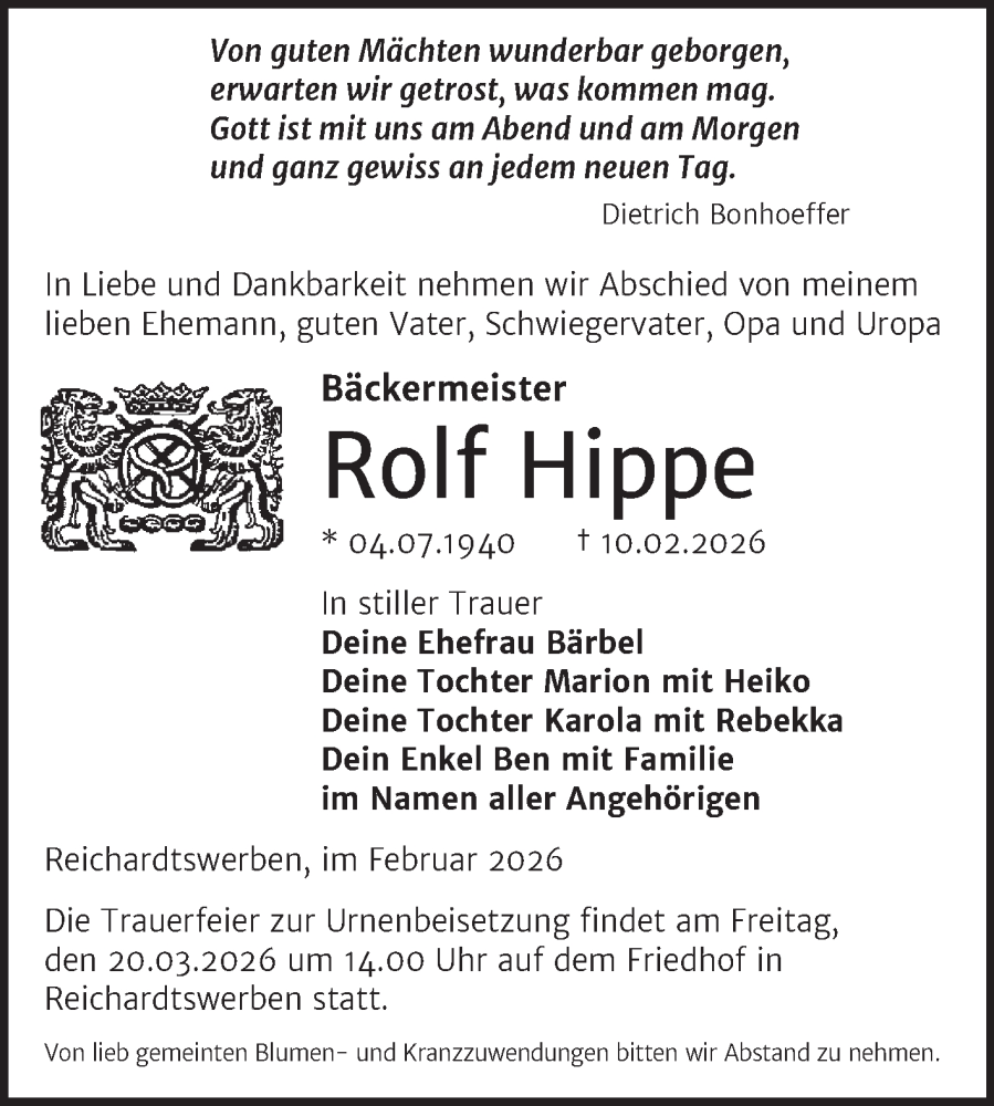  Traueranzeige für Rolf Hippe vom 21.02.2026 aus Trauerkombi Weißenfels
