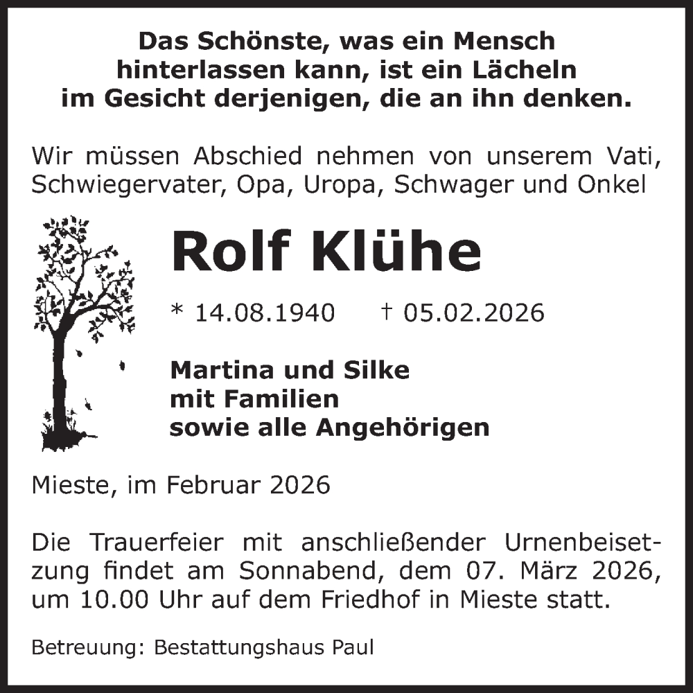  Traueranzeige für Rolf Klühe vom 12.02.2026 aus Volksstimme Altmark West