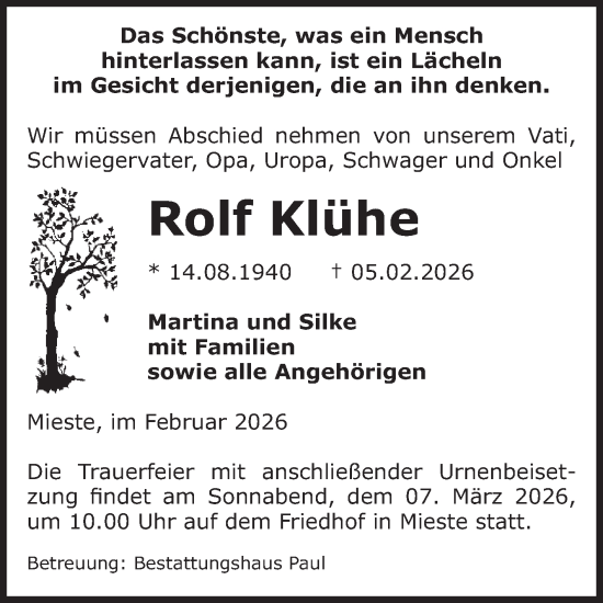 Traueranzeige von Rolf Klühe von Volksstimme Altmark West