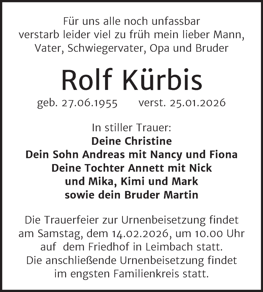  Traueranzeige für Rolf Kürbis vom 07.02.2026 aus Trauerkombi Mansfelder Land