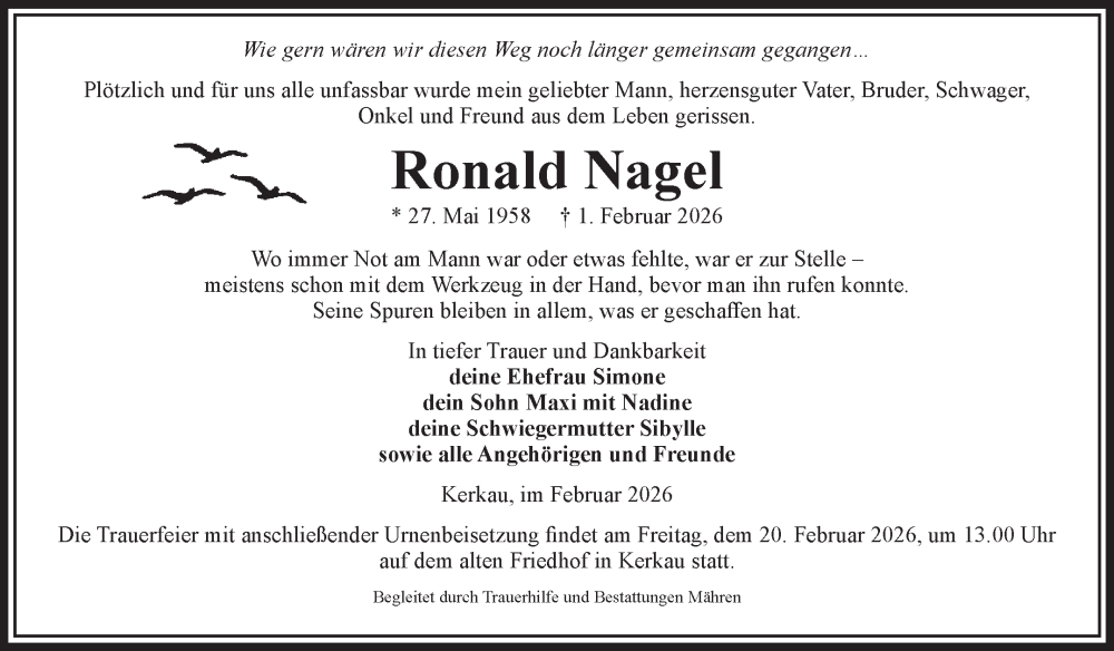  Traueranzeige für Ronald Nagel vom 05.02.2026 aus Volksstimme Altmark West