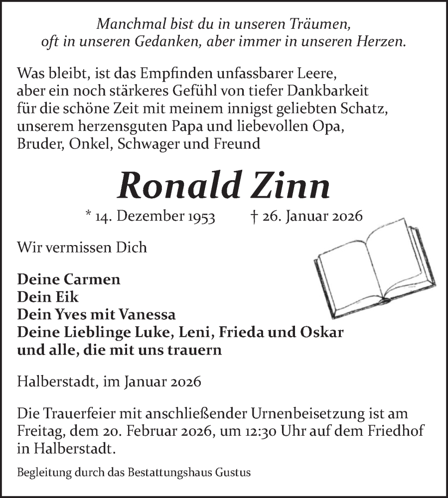 Traueranzeige für Ronald Zinn vom 07.02.2026 aus Volksstimme Halberstadt