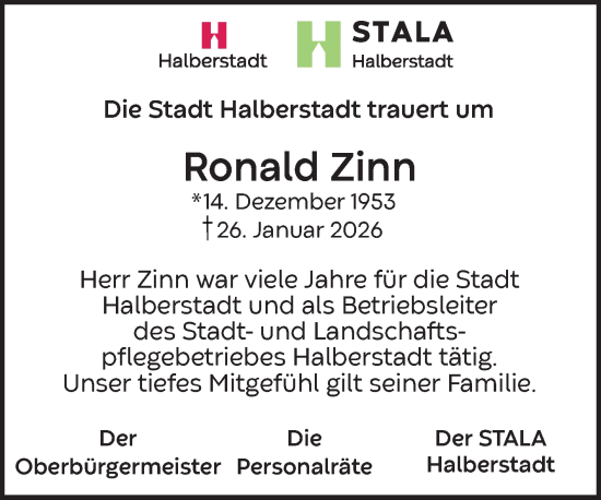 Traueranzeige von Ronald Zinn von Volksstimme Halberstadt