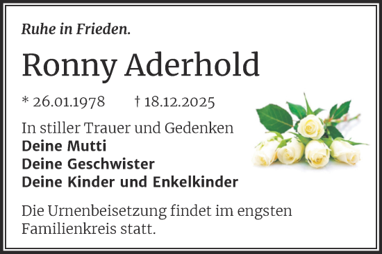 Traueranzeige von Ronny Aderhold von Trauerkombi Merseburg