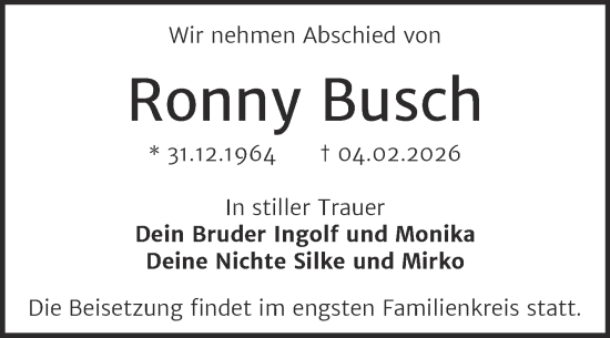 Traueranzeige von Ronny Busch von Trauerkombi Merseburg