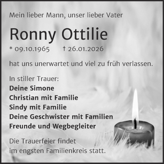 Traueranzeige von Ronny Ottilie von Trauerkombi Sangerhausen
