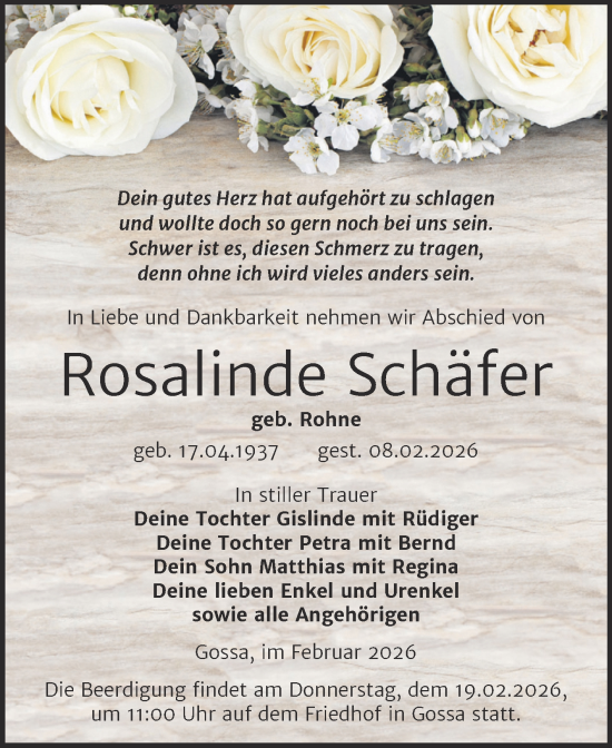 Traueranzeige von Rosalinde Schäfer von Trauerkombi Bitterfeld