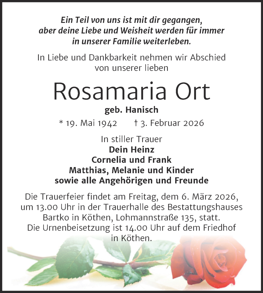  Traueranzeige für Rosamaria Ort vom 14.02.2026 aus Trauerkombi Köthen