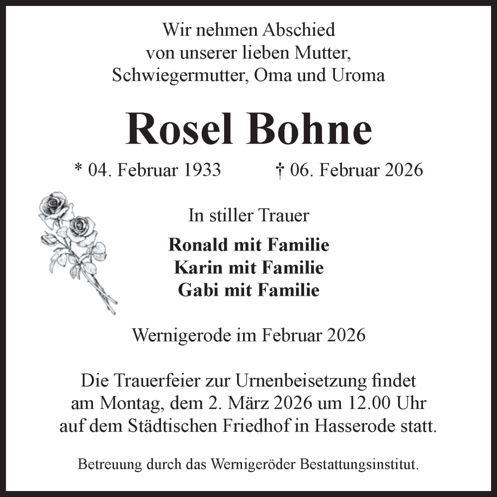  Traueranzeige für Rosel Bohne vom 14.02.2026 aus Volksstimme Wernigerode