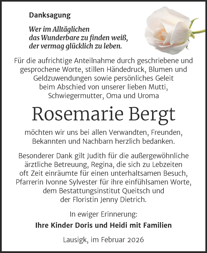  Traueranzeige für Rosemarie Bergt vom 19.02.2026 aus Trauerkombi Köthen