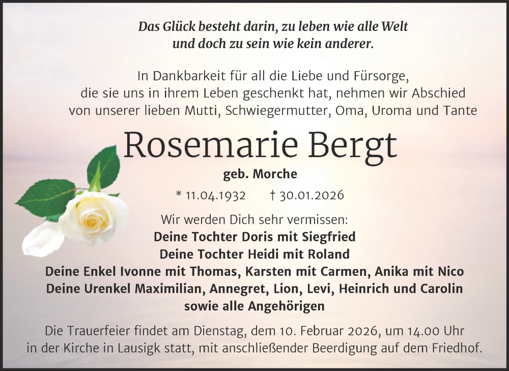  Traueranzeige für Rosemarie Bergt vom 07.02.2026 aus Trauerkombi Köthen