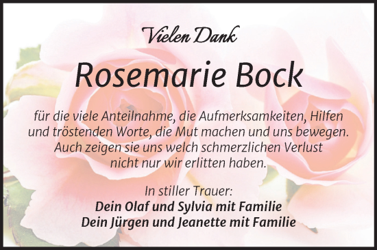 Traueranzeige von Rosemarie Bock von Trauerkombi Quedlinburg