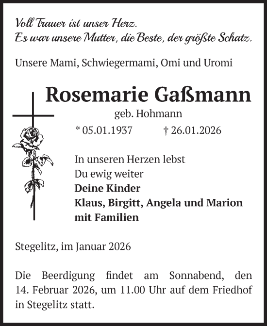 Traueranzeige von Rosemarie Gaßmann von Volksstimme Burg/Genthin