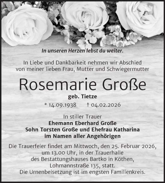 Traueranzeige von Rosemarie Große von Trauerkombi Köthen