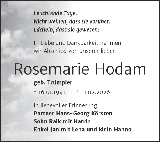 Traueranzeige von Rosemarie Hodam von Trauerkombi Dessau