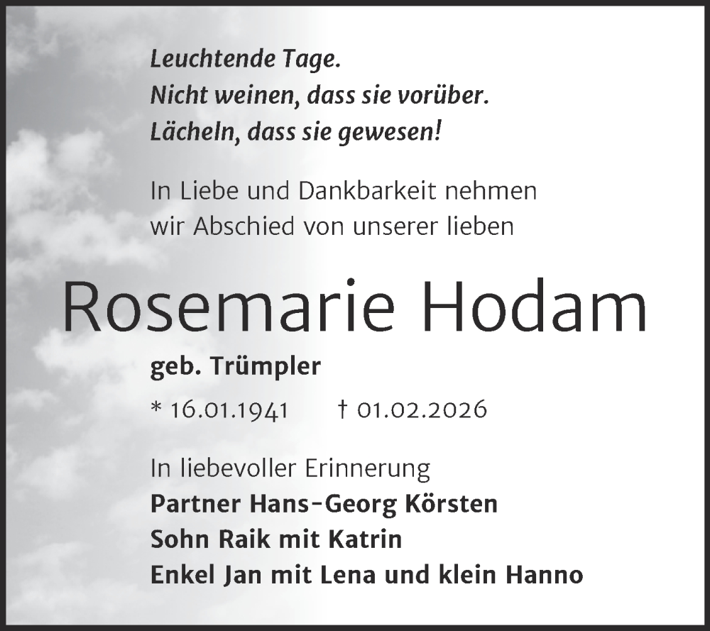  Traueranzeige für Rosemarie Hodam vom 14.02.2026 aus Trauerkombi Dessau