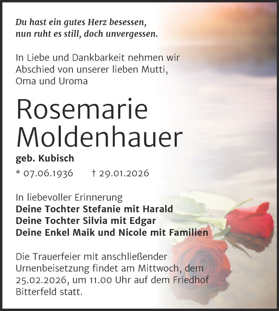 Traueranzeige für Rosemarie Moldenhauer vom 07.02.2026 aus Trauerkombi Bitterfeld