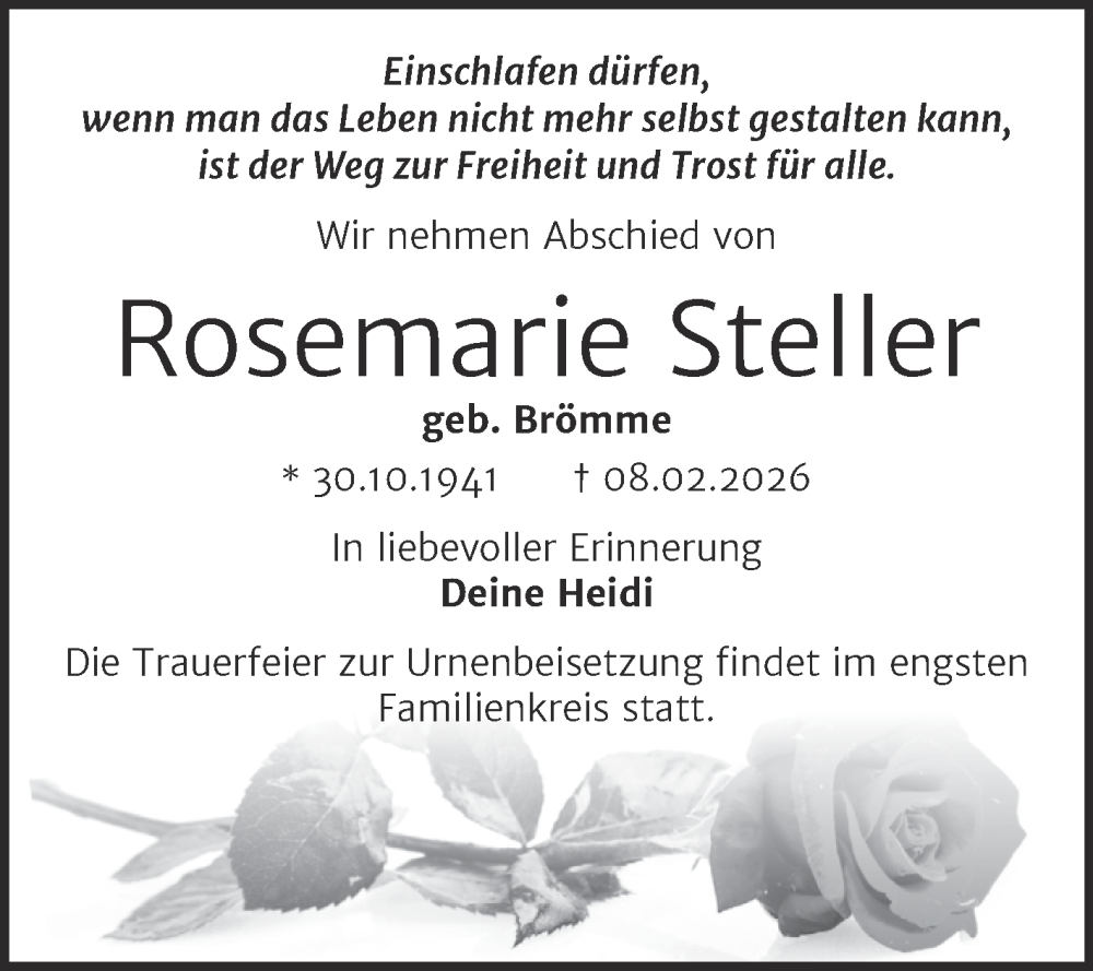  Traueranzeige für Rosemarie Steller vom 21.02.2026 aus Trauerkombi Merseburg