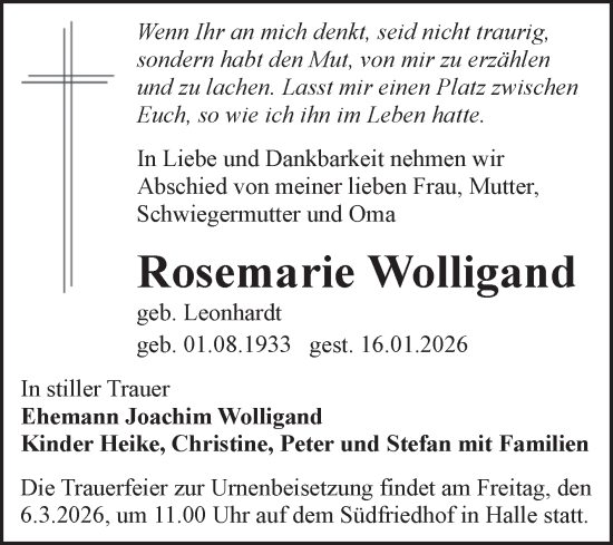 Traueranzeige von Rosemarie Wolligand von Mitteldeutsche Zeitung Halle/Saalkreis
