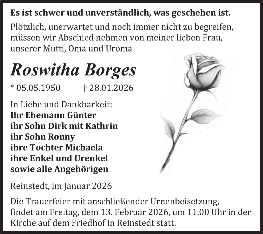  Traueranzeige für Roswitha Borges vom 07.02.2026 aus Trauerkombi Quedlinburg