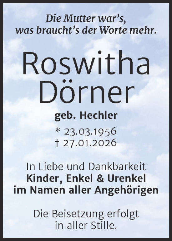 Traueranzeige von Roswitha Dörner von Trauerkombi Bernburg