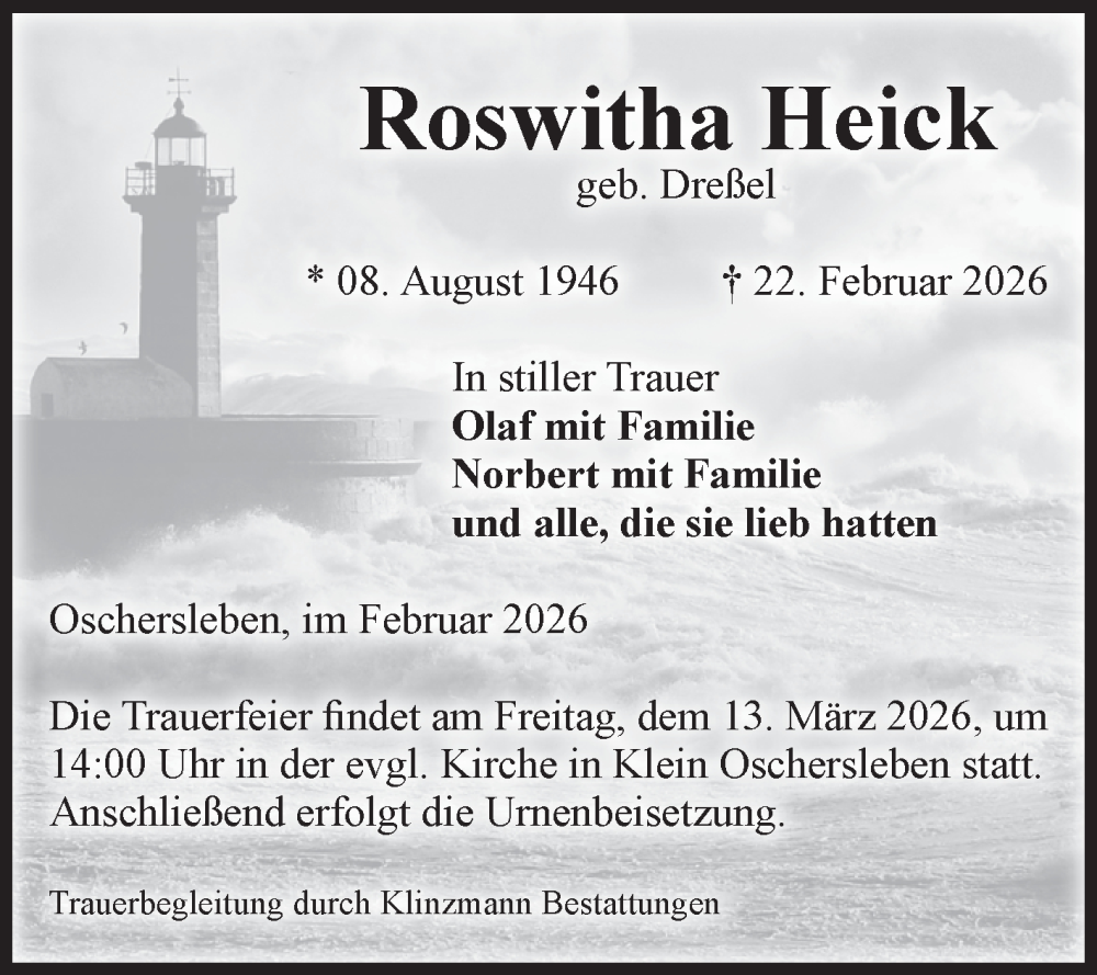  Traueranzeige für Roswitha Heick vom 28.02.2026 aus Volksstimme Oschersleben/Wanzleben